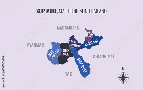 Map showing Sop Moei District Mae Hong Son Thailand divided into sub districts with minimalist colorful patterns
