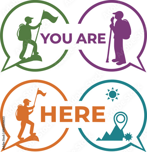 hiking themed circular icons with mountain peak location pin and adventure concept in outdoor style