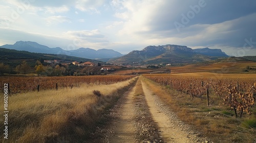 A dirt road leads through a vineyard towards a distant village beneath a dramatic cloudy sky and mountains