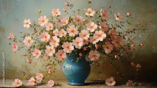 Soft, romantic floral arrangement in a turquoise vase against a painterly blue and gold backdrop