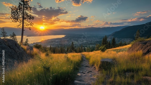 Scenic view from a high vantage point, pathway through grassy field overlooking a valley, sunset