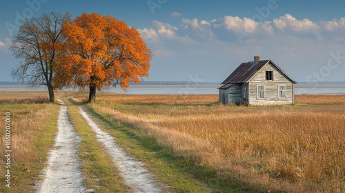 Rustic wooden house sits peacefully in a serene, vast meadow; two trees frame dirt path