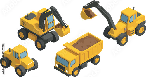 Isometric yellow heavy construction machinery set with excavators and dump truck loading soil for building site industrial work, vector 3D transport illustrations.