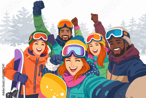 Enthusiastic selfie moment of a joyful group of friends enjoying their winter vacation on snowy mountain peaks.