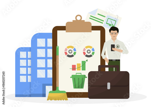 Isolated corporate digital cleanup businessman checklist.  corporate data management. Digital cleanup day in industry. Cleanup data concept. Digital sobriety isolated. Vector illustration