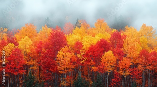 Vibrant autumn forest with diverse foliage colors. Mist obscures the treetops