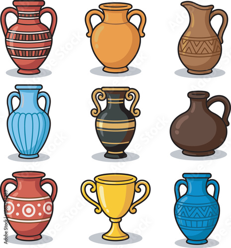 Ancient Greek amphora and vase vector collection with traditional pottery designs, historical clay jars, decorative ceramic vessels, antique artifact icons for museum education.