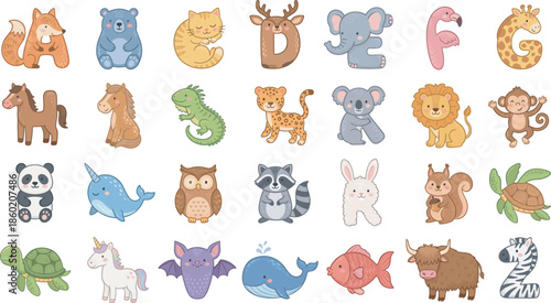 Animal alphabet vector set for kids education featuring cute kawaii cartoon characters from A to Z, nursery wall art and school typography.