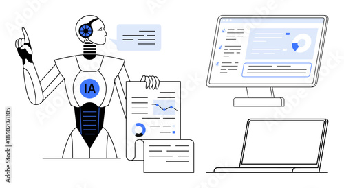 Data analysis, AI research, business reports, automation technology, machine learning, innovation. Robot holding documents with graphs, surrounded by computer screens. Data analysis and AI research