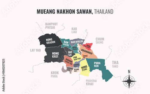Map showing Mueang Nakhon Sawan District Nakhon Sawan Thailand divided into sub districts with minimalist colorful patterns