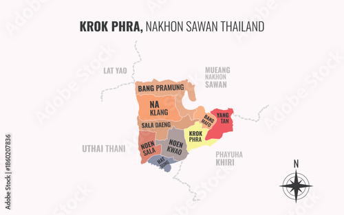 Map showing Krok Phra District Nakhon Sawan Thailand divided into sub districts with minimalist colorful patterns