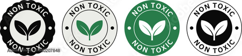 Non Toxic Eco Friendly Product Label Set with Green Leaf Icon for Sustainable Branding, Organic Packaging Design, and Natural Goods