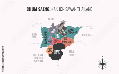 Map showing Chum Saeng District Nakhon Sawan Thailand divided into sub districts with minimalist colorful patterns