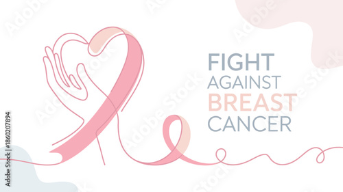Fight Against Breast Cancer Awareness Banner with Pink Ribbon Heart Line Art for Women Health Support and Medical Charity