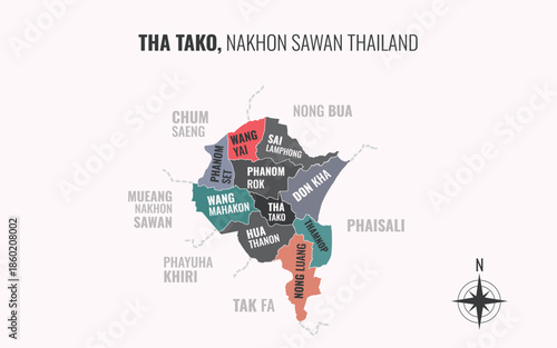 Map showing Tha Tako District Nakhon Sawan Thailand divided into sub districts with minimalist colorful patterns