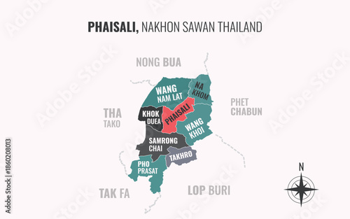 Map showing Phaisali District Nakhon Sawan Thailand divided into sub districts with minimalist colorful patterns