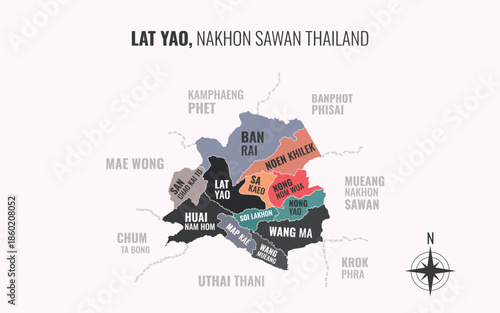 Map showing Lat Yao District Nakhon Sawan Thailand divided into sub districts with minimalist colorful patterns