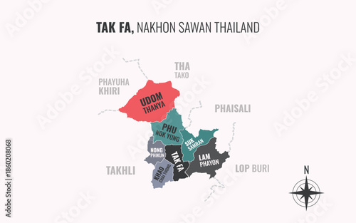 Map showing Tak Fa District Nakhon Sawan Thailand divided into sub districts with minimalist colorful patterns