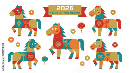 Colorful Chinese Zodiac Year of the Horse Illustration 2026.