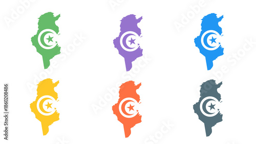 Flat Style Tunisia Map with Flag Symbol in Multiple Color