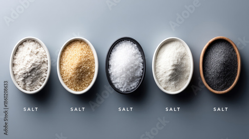 Artistic flat lay display of five distinct salt varieties with clear labels on gray background