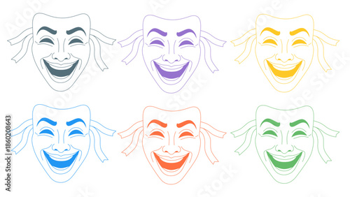 Minimalist Outline Six Smiling Colorful Theater Mask Entertainment Line Art