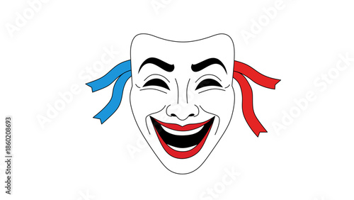 Detailed Line Art Happy Theatre Mask with Red and Blue Ribbons Icon