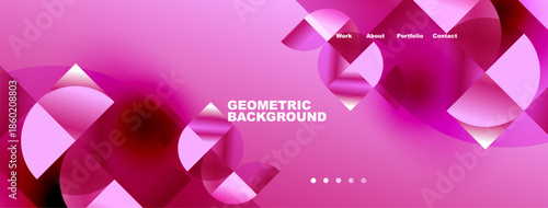 Pink geometric background features overlapping shapes, gradients. Navigation menu present at top, dots below central text.