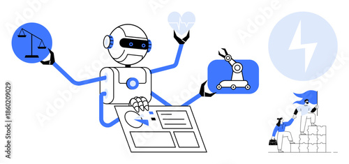 Artificial intelligence, robotics, human-machine interaction, automation, decision-making, innovation. Robot multitasking with scales, heart and machinery. AI and robotics innovation concept