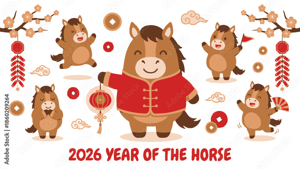 Fototapeta premium Cute Cartoon Horse Character Celebrating Chinese New Year.