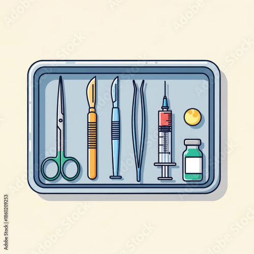 Tray of medical instruments including scalpel scissors syringes and vials neatly arranged for clinical procedures.