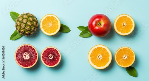 Assortment of fresh fruits arranged on a light blue background