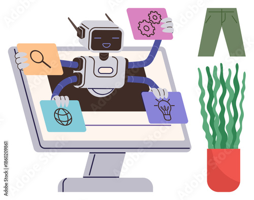 Robot extending arms from computer screen holding task icons including search, globe, gears, and lightbulb. Plant, pants, and technology visuals. Ideal for AI, productivity automation innovation