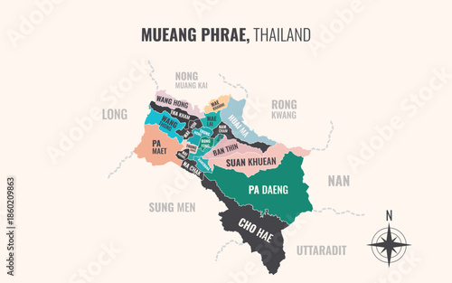 Map showing Mueang Phrae District Phrae Thailand divided into sub districts with minimalist colorful patterns