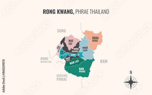 Map showing Rong Kwang District Phrae Thailand divided into sub districts with minimalist colorful patterns