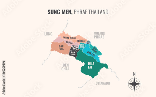 Map showing Sung Men District Phrae Thailand divided into sub districts with minimalist colorful patterns