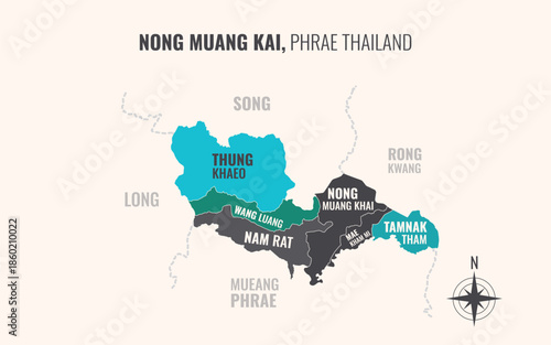 Map showing Nong Muang Kai District Phrae Thailand divided into sub districts with minimalist colorful patterns