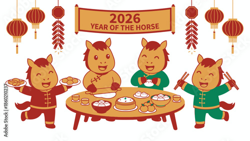 Cute cartoon horses celebrating Chinese New Year together.
