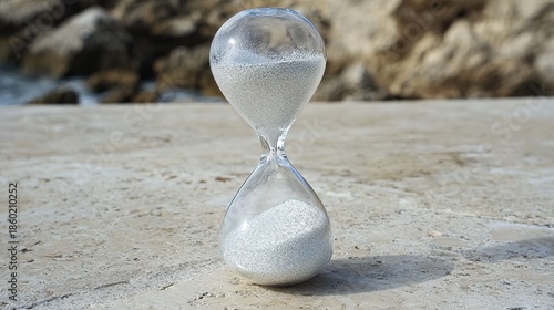 hourglass. Hourglass on stone with sand flowing and scattering in the wind. wellbeing guides, coaching materials, designed for coaching and self-improvement content, clarifies learning.