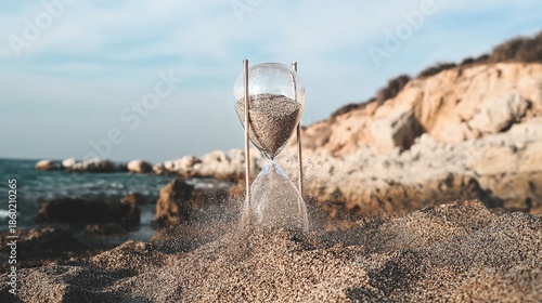 hourglass. Hourglass on stone with sand flowing and scattering in the wind. wellbeing guides, coaching materials, designed for coaching and self-improvement content, clarifies learning.