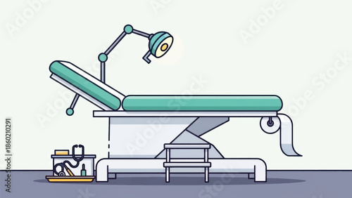 Hospital examination bed in a clinical room with overhead light and equipment.