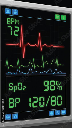 Medical monitor displaying heart rate, blood pressure, and oxygen saturation metrics on a digital screen with vital signs and alarms.
