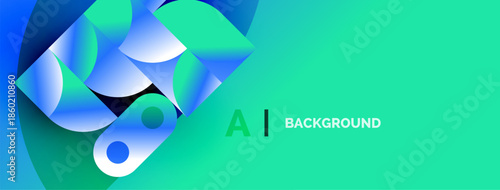 Abstract design features vibrant blue shapes, gradients, turquoise background. Modern aesthetic, clean composition, suitable banner or header.