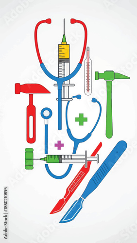 Colorful Medical Tool Montage Highlighting Essential Health Instruments.