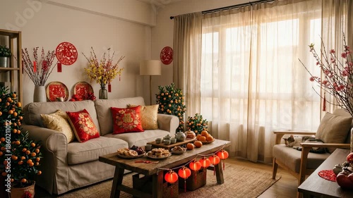 Living room decorated with chinese new year ornaments and kumquat trees. Traditional lunar new year celebration.
