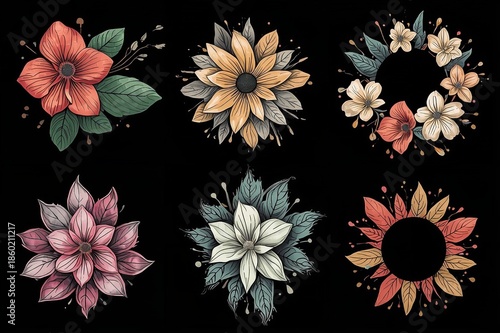 A colorful illustration of six different flowers and floral arrangements on a black background