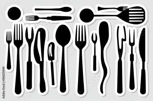 A collection of black silhouettes of various forks, knives, and spoons on a gray background