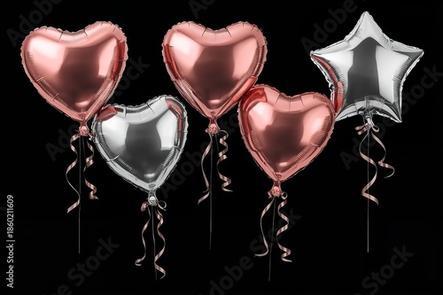 A group of shiny heart-shaped and star-shaped balloons on a black background
