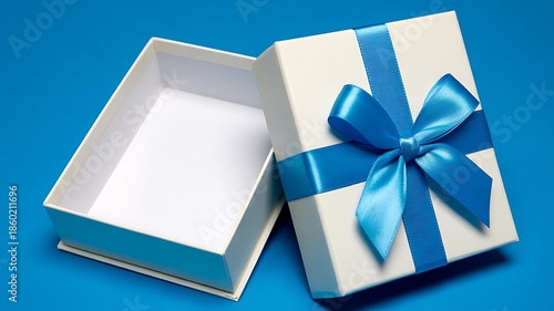 A white gift box with a blue ribbon on a blue background is open and empty