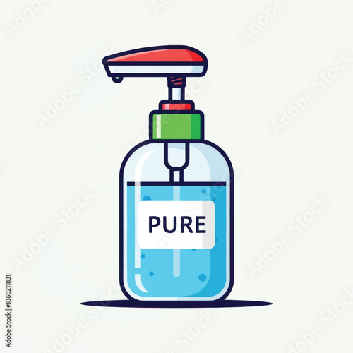 Hand sanitizer bottle with pump dispensing blue gel on a light background, illustrating hygiene and cleanliness.